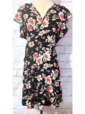 Xhilaration Dress Black Floral Faux Wrap V-Neck Romantic Size S Feminine Flowy